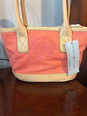 Tommy Hilfiger Coral Canvas Tote with Cream Trim and Embroidered Logo